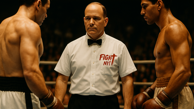 En boxningsdomare från 1950-talet i vit skjorta och svart fluga står mellan två boxare i en upplyst ring med suddig publik i bakgrunden. På bröstet syns loggan Fight Nytt.