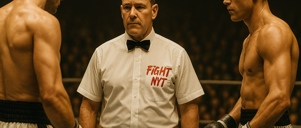 En boxningsdomare från 1950-talet i vit skjorta och svart fluga står mellan två boxare i en upplyst ring med suddig publik i bakgrunden. På bröstet syns loggan Fight Nytt.