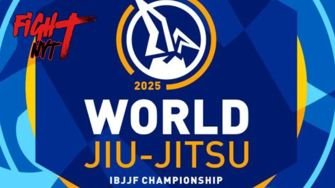 Logotyp för IBJJF World Jiu-Jitsu Championship 2025 i blått och gult.