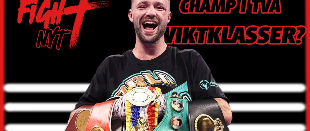 Josh Taylor ler med flera världsmästarbälten över axlarna – texten “CHAMP I TVÅ VIKTKLASSER?” och “FightNytt” syns i rött och svart.