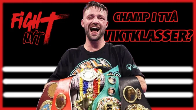 Josh Taylor ler med flera världsmästarbälten över axlarna – texten “CHAMP I TVÅ VIKTKLASSER?” och “FightNytt” syns i rött och svart.