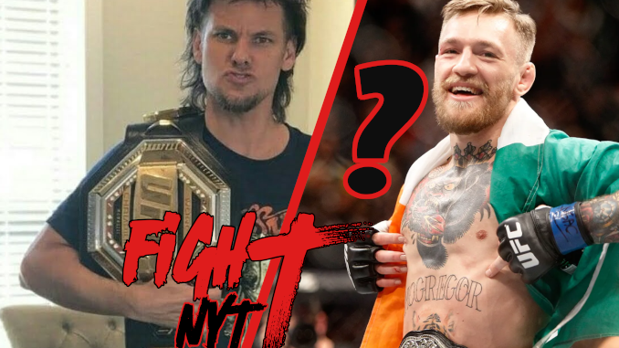 Theo Von poserar med UFC-bälte, Conor McGregor i bakgrunden med frågetecken